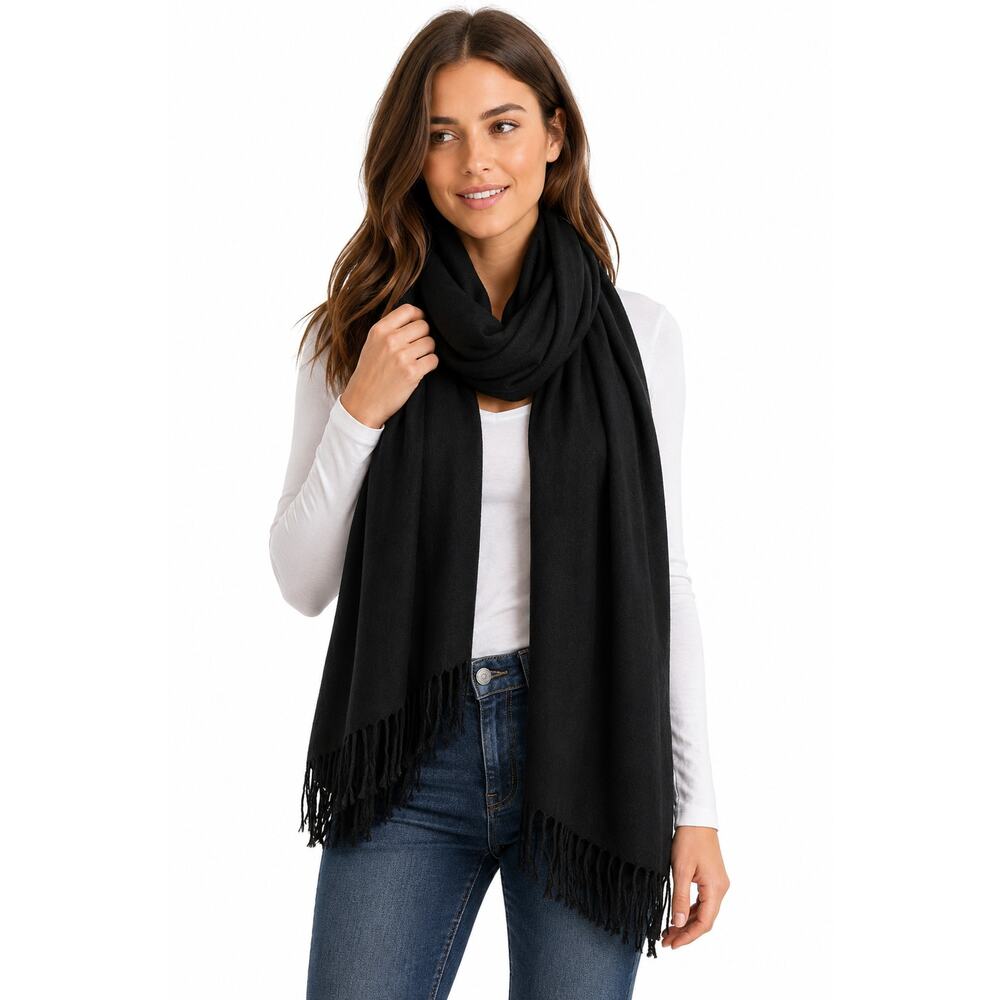 Anne Klein Black Fringe Scarf Wrap Shawl Soft Lightweight Viscose OS